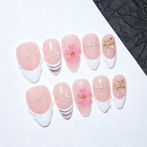 Handmade Short Almond French Press On Nails,Reusable&Salon Quality(1TA04,M) | 10Pcs BTMMA Daily & Party Fake Nails;Easy Apply & Remove;Ocean French Style with 3D Flower, Starfish & Pearl Accents thumbnail 2