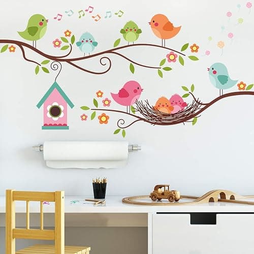 Robin Bird and Tree Branch Wall Stickers, Colorful Cute Cartoon Lovely Birds Singing On The Branch with Flowers Wall Decal, DILIBRA Removable DIY Mural Decorations for Living Room Bedroom Baby Room thumbnail 5