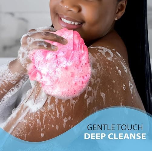 SHOWER BOUQUET Pink-Loofah Bath-Sponge XL 4-Pack // Extra Large 75g Soft Mesh Net Pink Loofa Loufa Luffa Lufa Puff Set/Exfoliating Body Scrubber for Women and Men - Exfoliate & Soothe Face & Body thumbnail 8