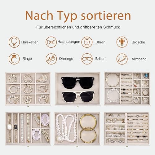 Dajasan Boite a Bijoux Femme, Grande Boite à Bijoux avec 5 Tiroirs, Boîte à Bijoux avec Double Ouverture pour Coiffeuse, Cuir Grain Vertical, Idée Cadeau pour Femme, Fille (Beige) thumbnail 4