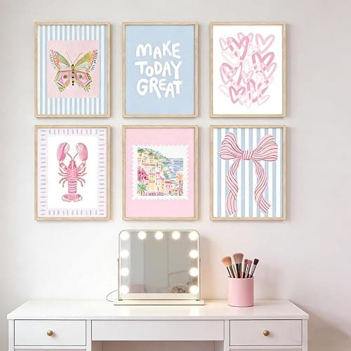 6Pcs Unframed Pink Blue Beach Wall Art Trendy Coastal Granddaughter Wall Decor Picture Summer Preppy Lobster Bow Canvas Posters Prints for Girls Apartment Dorm Home Decorations thumbnail 4