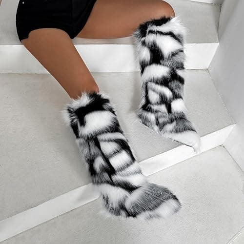 WOVOIE Knee High Fur Boots for Women Faux Fur Boots, Fluffy Round Toe, Winter Cosy Plush Warm Outdoor Snow Boots thumbnail 2