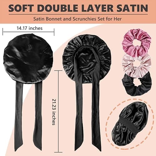 Satin Bonnet for Sleeping Women,Double Layer Hair Bonnet for Sleeping with Tie Band for Curly Hair Braids Long Hair Black thumbnail 4