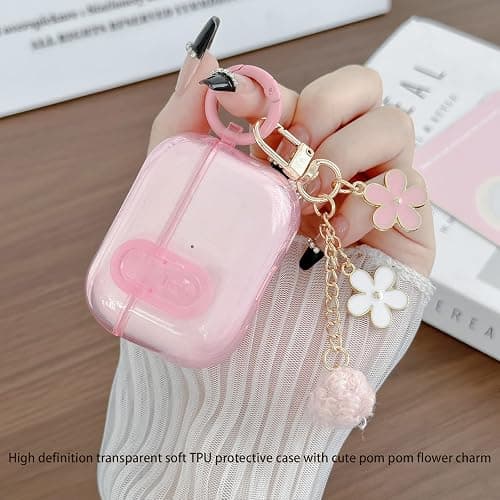 Cute Magsafe Case for Airpods Pro 2 Cover Lock Clip for Girl Women with Pom pom Flower Charms& Cleaner Kit, Soft TPU Airpods iPod Pro 2nd Gen Protective Cover Skin for Airpod Pro 2023/2022/2019 Pink thumbnail 2