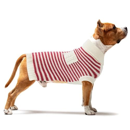 Small Dog Sweater, Knitted Striped Pullover Dog Clothes for Cold Weather, Thick Warm Cozy Stretchy Sweater for Chihuahua, Bulldog, Dachshund, Pug(Red & White Strip, S) thumbnail 3