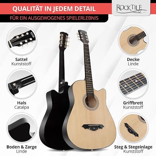 Rocktile WSD-5C-NT Slim Line Westerngitarren Set - Dreadnought Akustik Gitarre - Westerngitarre mit Korpus aus Linde - Hals: Catalpa - Set inkl. Tasche, Ersatzsaiten, Gurt und Plektren - Natural thumbnail 5