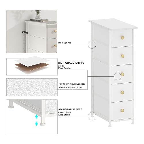 GiftGo Narrow Dresser Cabinet Vertical Slim Dresser Chest of Drawers Skinny Storage Tower for Small Spaces Gaps Closet Bedroom Bathroom Small Fabric Drawer Unit (White, 5 Drawers) thumbnail 6