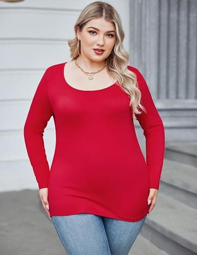 IN'VOLAND Women's Plus Size Long Sleeve Shirts Scoop Neck Slim Fitted T Shirt Stretchy Bodycon Basic Tee Tops thumbnail 2