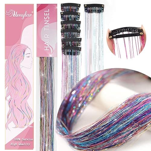 Hair Tinsel Pack of 12 Pcs Colorful Glitter Hair Accessories 20 Inch Clip in Hair Tinsel Extensions Fairy Hair Accessories Party Kit for Women Girls Kids (12Pcs,Colorful#) thumbnail 2