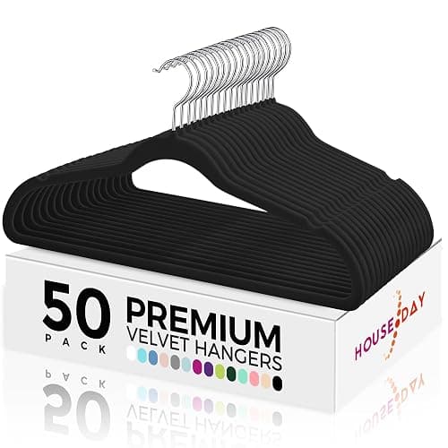 HOUSE DAY Premium Velvet Hangers 50 Pack Black, Non-Slip Flocked Felt Hangers, Sturdy Clothes Hangers with 360° Rotatable Hook, Heavy Duty Coat Hanger, Durable Slim Hanger for Closet Space Saving - Image 1