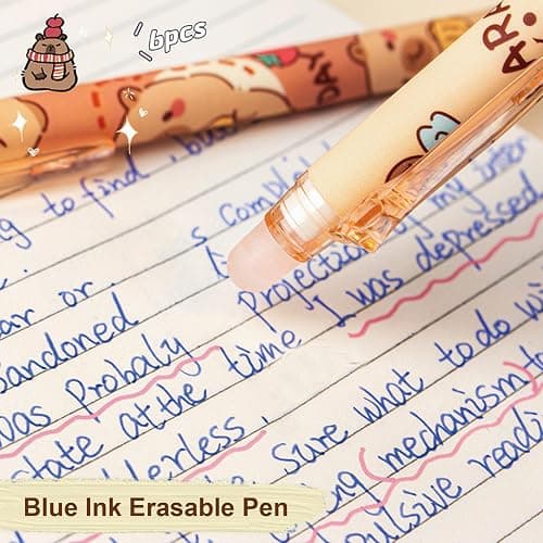 MOZXIRZ 6 Pcs Cute Erasable Retractable Pens Erasable Gel Ink Pens Cartoon Capybara Pen 0.5mm Fine Point Blue Ink Pen Cartoon Writing Pen Office School Pens Women Girls Boys (Blue Ink-Capybara) thumbnail 4