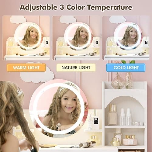 Vabches Kids Vanity Table and Chair Set, Toddler Dressing Table for 5-12 Year Old Little Girls, 2 in 1 Princess Makeup Vanity with Mirror & Lights, Wooden Pretend Play Vanity Desk, White thumbnail 3