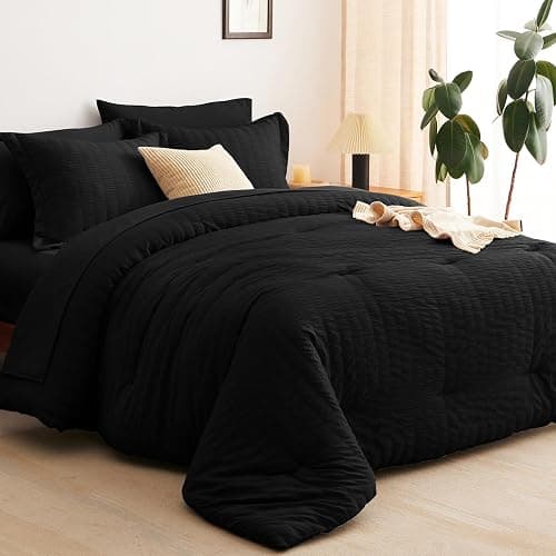 CozyLux Queen Comforter Set Black Seersucker 7 Pieces Bed in a Bag Queen Comforter Set with Sheets, Luxury Soft Bedding Set with Down Alternative Comforter, Sheets, Pillowcases & Shams for All Seasons thumbnail 9