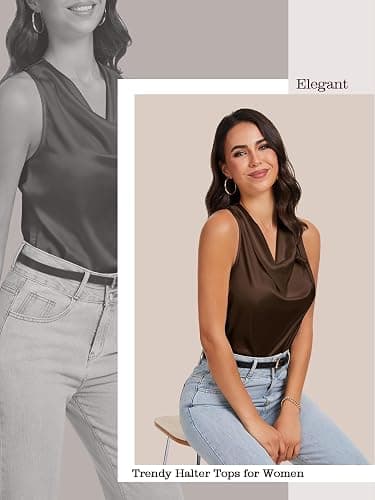 LAOTEPO Cowl Neck Halter Tops for Women Silk Satin Going Out Tank Top Trendy Summer Camisole Business Casual Blouses Outfits thumbnail 2