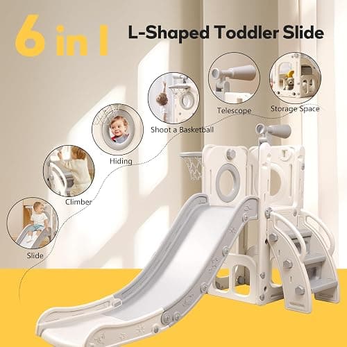 6 in 1 Toddler Playset with Slide,Toddler Slide,Slide for Kids with Basketball Hoop,Ball,Ring Toss,Kids Slide Toddler Playground Toddler Slide Indoor Outdoor Toys thumbnail 2