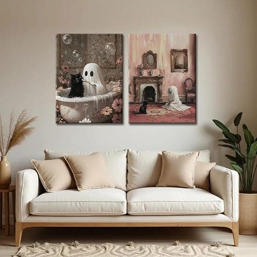 Doqueodas 2 Pcs Framed Vintage Ghost and Cat Canvas Wall Art, Gothic Dark Collegiate Style Paintings Artwork Fun Halloween Posters Prints for Bathroom Living Room Dormitory Wall Decor 12x16 Inch thumbnail 3