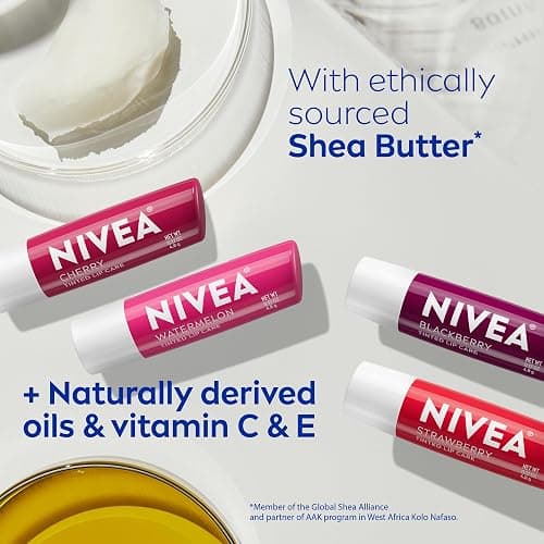 NIVEA Lip Care, Fruity Tinted Lip Balm Variety Pack, Cherry, Strawberry, Blackberry and Watermelon Flavors, 3-in-1 Moisture, Repair and Color, 0.17 Oz Stick, Pack of 4 thumbnail 8
