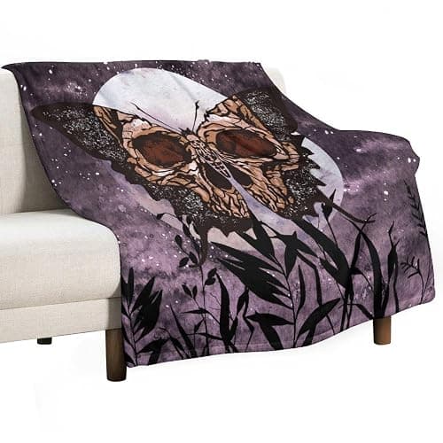 Death Moth Blanket, Boho Gothic Skull Moth Purple Starry Plant Full Moon Mysterious Witchy Throw Blanket for Couch Sofa Office Bed Travelling Bed Throws, 50"x60" - Image 1