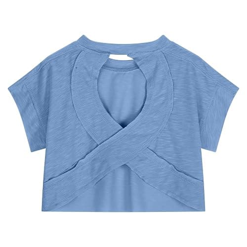 nhApmj Back to School Clothes for Teen Girls Cute Preppy Short Sleeve Open Back Gym Shirts Backless Yoga Workout Crop Tees thumbnail 4