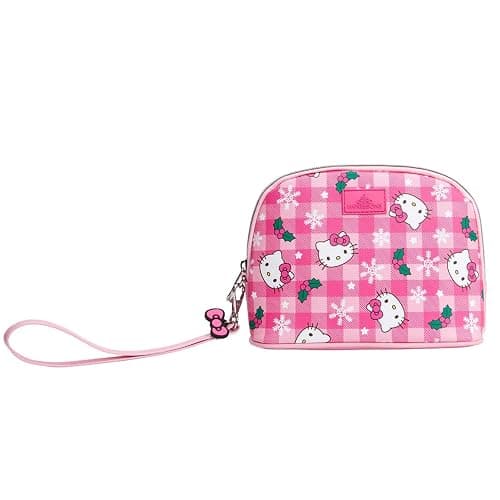 Impressions Vanity Hello Kitty Gingham Arch Makeup Bag for Women, Faux Leather Travel Toiletry Bag with Removable Wristlet Strap, Waterproof Reusable Inside Pocket Mini Cosmetic Organizer (Pink) thumbnail 3