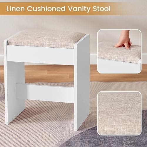 Quimoo 48" Large Vanity Desk with Mirror & Lights, Makeup Vanity Table with 6 Drawers & Power Outlet, 4 Open Storage Shelves, Vanity Desk Set with Stool, for Women Girls, White thumbnail 9