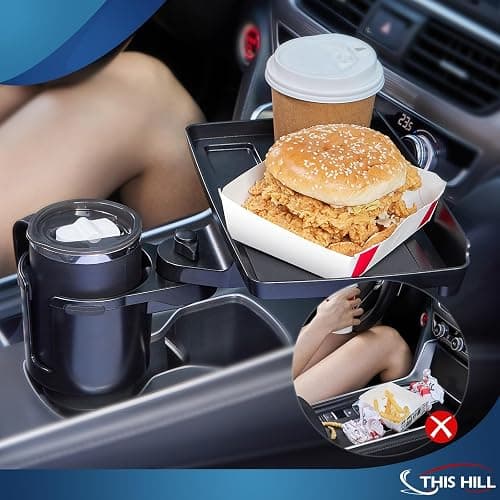 This Hill Cup Holder Tray for Car, 2 in 1 Detachable Car Food Table Tray with Solid Base & Phone Slot,Car Cup Holder Expander with 360°Rotation Tray for Travel Road Essentials - 1 thumbnail 2
