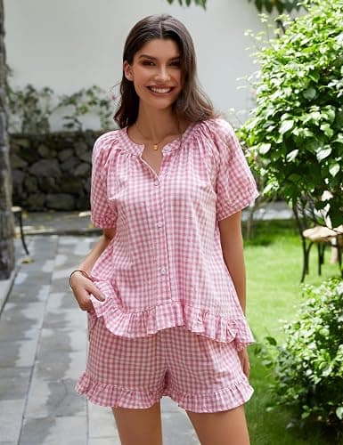 Flygo Womens Gingham Pajamas Set 2 Piece Cotton Pj Lounge Sets Puff Sleeve Ruffle Babydoll Shirt Shorts Summer Outfits thumbnail 3