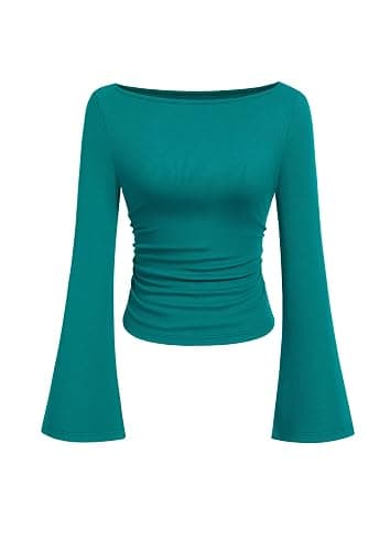 PRETTYGARDEN Women's Long Sleeve Shirts 2025 Fall Crop Going Out Tops Casual Boat Neck Bell Sleeve Ribbed Ruched Y2K Clothes - Image 1