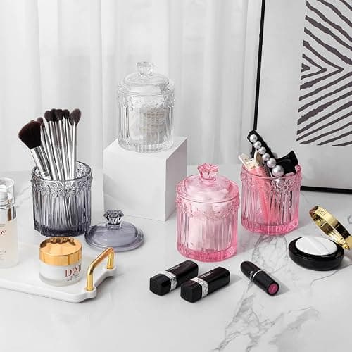 rejomiik 2 Pack Qtip Holder Glass Apothecary Jars with Lids Set Bathroom Canisters Dispenser Organizers and Storage for Cotton Swabs, Balls, Pads, Floss Picks, Candy, Pink thumbnail 7