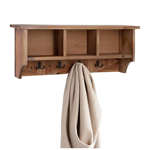 Renew Solid Wood Wall Mounted Coat Hook, Storage, 3 Cubbies, 4 Double Hooks, Natural Brown Finish, Easy Installation, French Cleat, Ideal for Entryway Organization, 36 in. W x 9 in. D x 14 in. H - Image 1