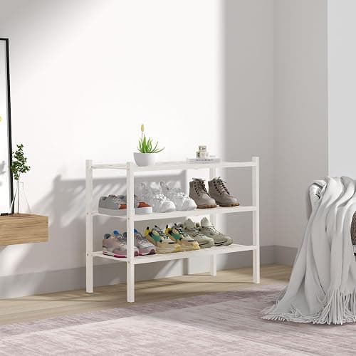 ROMGUAR CRAFT 3 Tier Bamboo Shoe Rack for Closet Free Standing Wood Shoe Shelf Storage Organizer for Entryway Small Space Stackable 27"x11"x20" (White) thumbnail 7