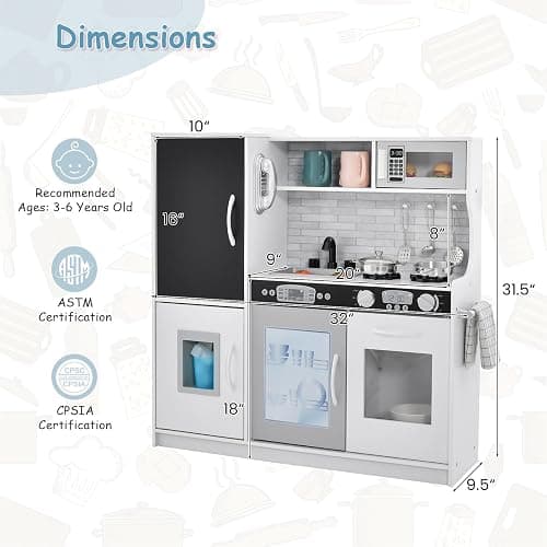 HONEY JOY Kids Kitchen Playset, Wooden Little Chef Pretend Toy Kitchen Set w/Chalkboard, Telephone, Utensils, Oven, Microwave, Sink, Storage, Play Kitchen for Toddlers, Gift for Boys Girls, White thumbnail 3