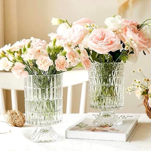 BLOFLO Embossed Glass Vase, 7'' Crystal Glass Vases, Pedestal Big Base Glass Bouquet Vase, Hydroponic Glass Transparent Vase for Home Office Wedding Dining Table Party (Ribbed Pattern) thumbnail 7