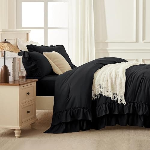 Andency Black Full Size Comforter Set(79x90Inch), 3 Pieces Fluffy Farmhouse Shabby Chic Bedding Comforter Sets, All Season Soft Lightweight Microfiber Bed Set thumbnail 5
