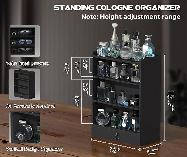 Wooden Cologne Organizer for Men Sliding 4 Tiers of Standing Perfume Display Stand with Side & Under Double Drawers Larger Storage Black Perfume Organizer Display Shelf Holder,Gift for Man thumbnail 3