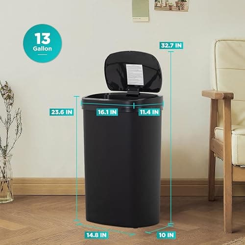 BestOffice | 13 Gallon Trash Can with Lid | Automatic Touchless Garbage Can | Odor Control | Modern Oval Design | Easy to Clean | Plastic | Black | Fits Any Kitchen, Bathroom, Office or Home thumbnail 7