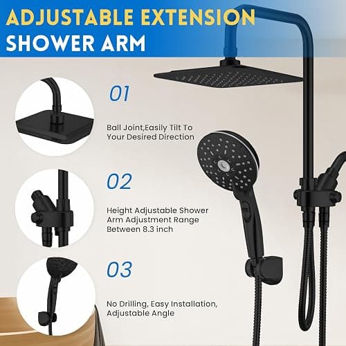 Ryamen Dual Shower Head Combo, 8'' High Pressure Rain Shower Head with Handheld Spray, 6 Settings Handheld Showerhead, 15" Height Adjustable Slide Bar, Angle Adjustable, Matte Black thumbnail 5