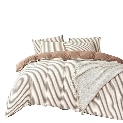 BUPIRD Mocha Brown Comforter Set King Striped Soft Washed Microfiber Jacquard 3 Pieces Striped Bedding Sets Mocha Brown White Comforter for All Seasons and 2 Pillowcases Comfort Breathable thumbnail 2