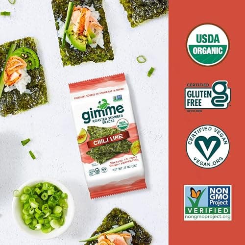 Gimme Seaweed Organic Premium Roasted Seaweed Snacks, Chili Lime, 6 Count, Keto, Vegan, Gluten-Free, Great Source of Omega3s and Iodine, Healthy On-The-Go Snack for Kids and Adults thumbnail 5