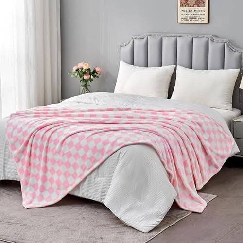 Edenleaf Pink Checkered Fleece Throw Blanket for Couch Warm Home Decor | Ultra Soft Cozy Fuzzy Blanket for Bed Sofa, Fluffy Lightweight Throw for Travel, Cute Holiday Gifts, All Seasons, 50"x60" thumbnail 3