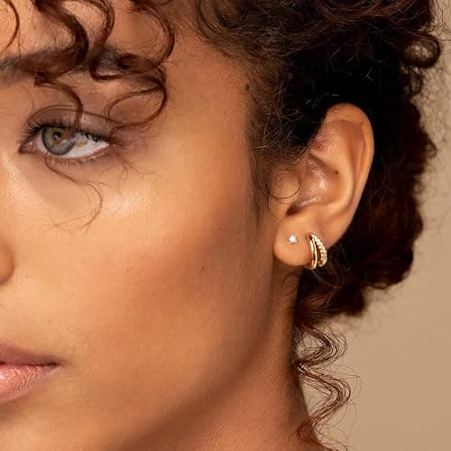 Gold Hoop Earrings Set for Women, 14K Gold Plated Small Double Hoop Earrings Set for Multiple Piercing, Dainty Huggie Earring for Women thumbnail 5