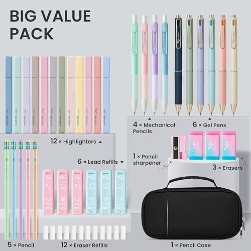 Cute Pencil Case With Supplies, 39 PCS Aesthetic Stationery Set with Pencil Pouch, 6 Black Ink Gel Pens, 12 Pastel Highlighters, 5 #2 HB Pencils, 4 Mechanical Pencils, Back to School Supplies - Black thumbnail 6