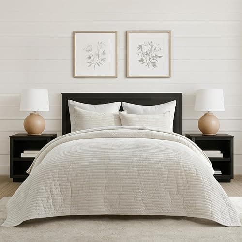 EVERGRACE Velvet Quilt Set King Size, Luxurious Soft Striped Channel Bedding Set, Lightweight Velvet Comforter for All Season, Oversized Bedspread Coverlet with 2 Matching Shams, Ivory White - Image 1