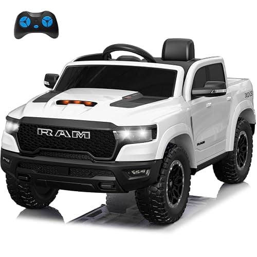 Segmart Licensed RAM 1500 12V Kids Ride on Truck, Electric Car with Remote Control, RAM Truck for Kids with Real Key Start & Gear Shifter, Bluetooth Music, Back Storage (White) - Image 1