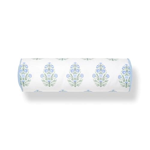 Hofdeco Premium Coastal Grandmillennial Patio Indoor Outdoor Bolster Pillow Cover Only, 6"x20" Water Repellent for Backyard, Couch, Poolside, Baby Blue Print Flower thumbnail 6