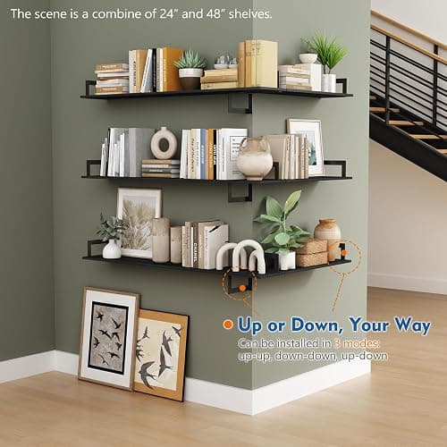 Harwaya Black Wall Shelves for Bedroom 24 Inch Long, 8 In Deep Floating Shelves for Wall, Large Wood Wall Mounted Bookshelf Hanging Shelf for Living Room Office Books Kitchen Closet Storage (Set of 3) thumbnail 6