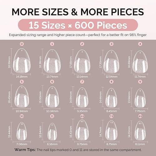 MelodySusie Extra Short Almond X Nail Tips - 600Pcs 15 Sizes Clear Acrylic, Half Matte Full Cover Press on Nails for DIY Extension & Salon Use, Pre-Shaped for Long-Lasting Manicure thumbnail 6