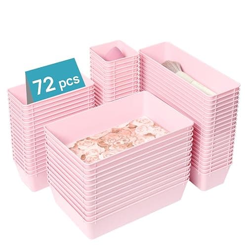 Vtopmart 72 PCS Plastic Drawer Organizers Set, 4-Size Versatile Bathroom and Vanity Organizer Trays, Non-Slip Storage Bins for Makeup, Jewelries, Kitchen Utensils and Office Desk, Pink - Image 1