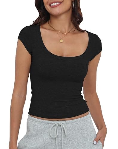 Artfish Women's Short Sleeve T-Shirts Low Scoop Neck Slim Fitted Ribbed Knit Casual Longer Crop Top - Image 1