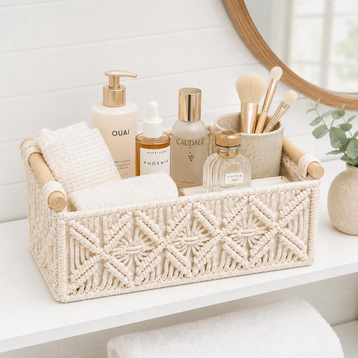 Vespara Toilet Paper Storage Basket for Living Room Storage, Small Paper Rope Scalloped Basket with Wooden Handles for Tank Top for Home Decor Bedroom Nursery Entryway(White) thumbnail 4